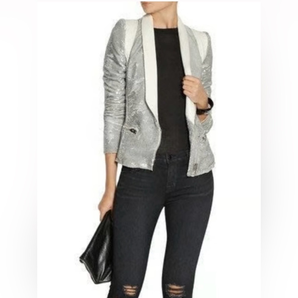 IRO Paris Silver Sequin "Hadley" Moto Blazer with White Leather - Picture 6 of 16